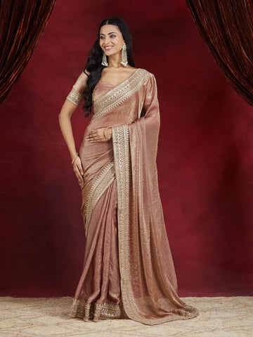 KASEE Women Peach Pure Silk Saree with Heavy Mirror & Zari Embroidered Border