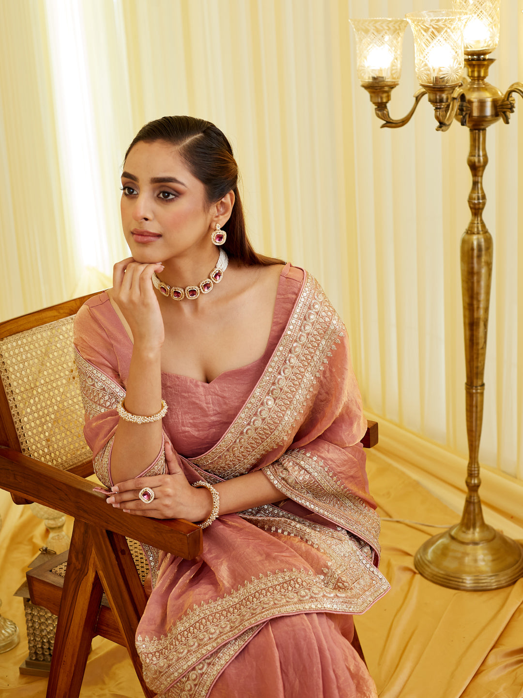 KASEE Women Pink Pure Silk Saree with Heavy Mirror & Zari Embroidered Border