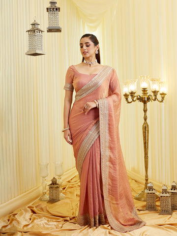 KASEE Women Pink Pure Silk Saree with Heavy Mirror & Zari Embroidered Border