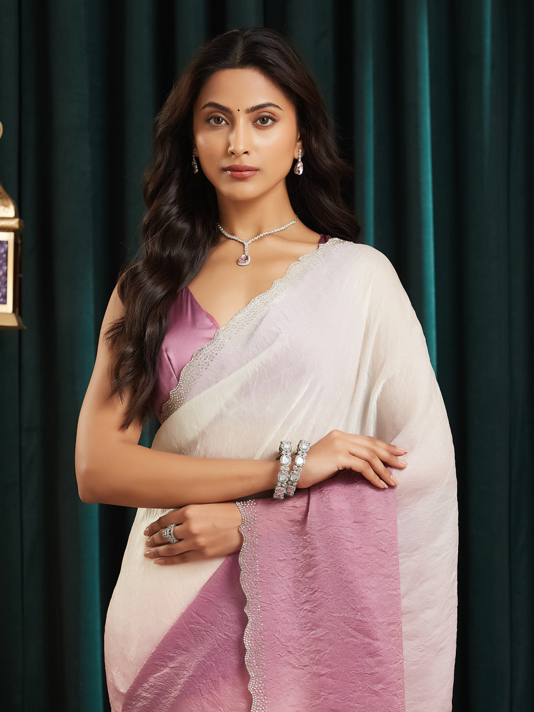 KASEE Women's Lavender?vory Dual-Tone Silk Blend Saree with Crystal-Detail Border