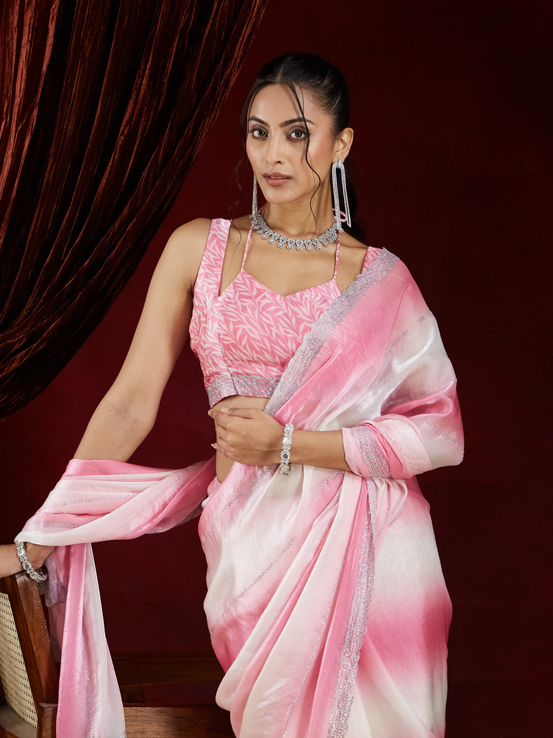 KASEE Women Pink Ombré Silk Blend Saree with Sequin Embellished Border