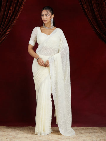 KASEE Women Cream Floral Embroidered Pure Georgette Saree with Sequin Detailing