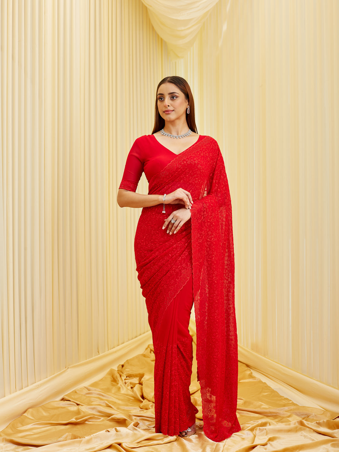 KASEE Women Red Floral Embroidered Pure Georgette Saree with Sequin Detailing