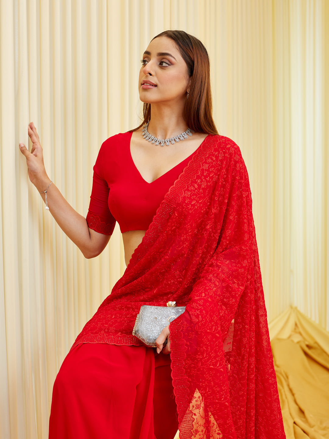 KASEE Women Red Floral Embroidered Pure Georgette Saree with Sequin Detailing