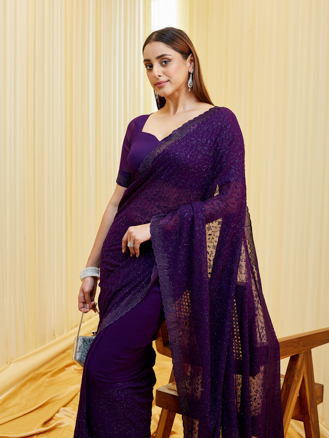 KASEE Women Violet Floral Embroidered Pure Georgette Saree with Sequin Detailing