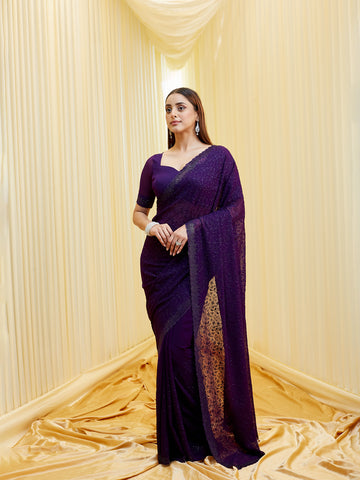 KASEE Women Violet Floral Embroidered Pure Georgette Saree with Sequin Detailing