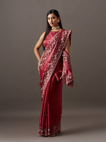 KASEE Women's Red Silk Saree with Floral Embroidered Border and Buti Detailing