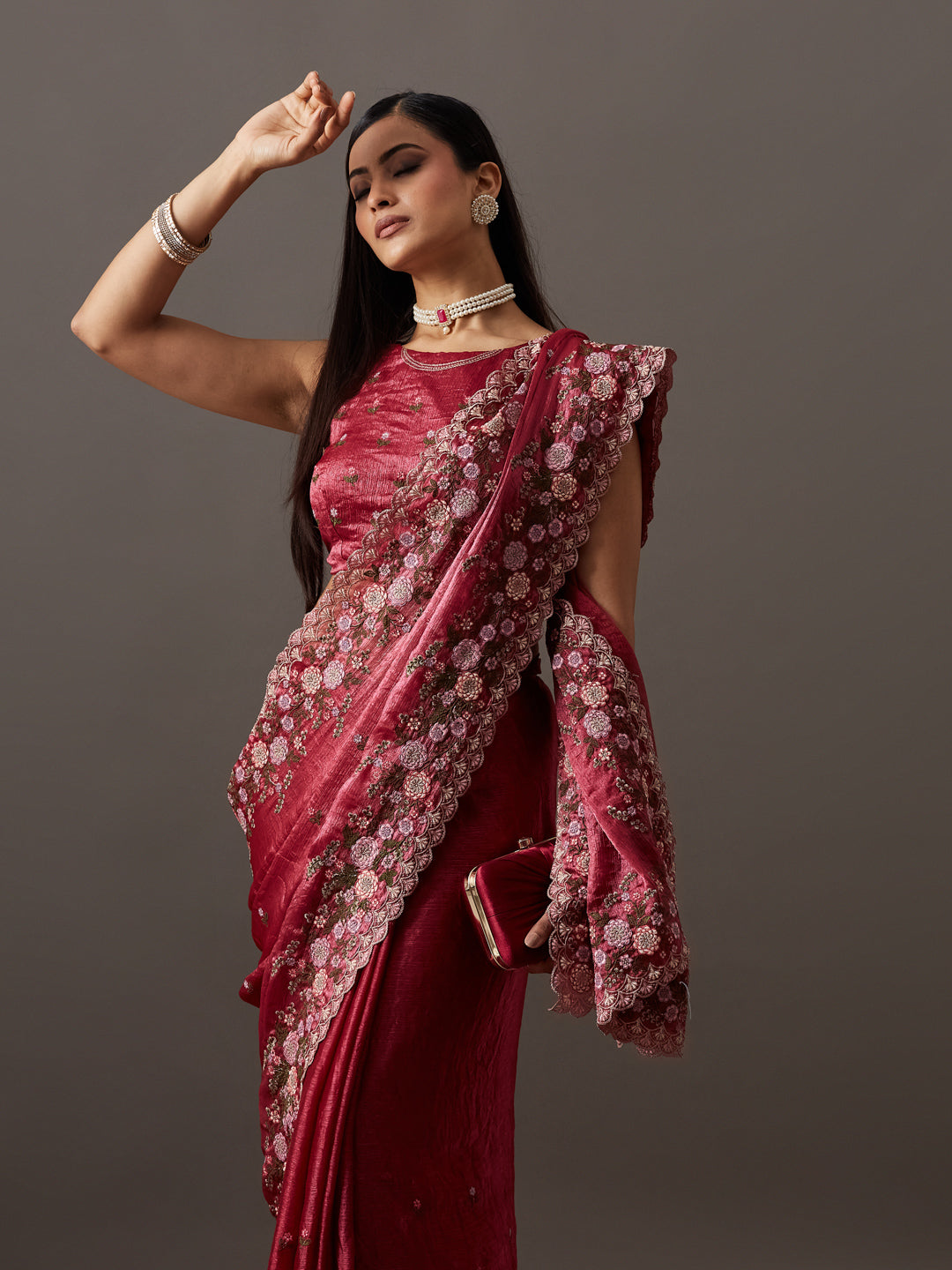 KASEE Women's Red Silk Saree with Floral Embroidered Border and Buti Detailing