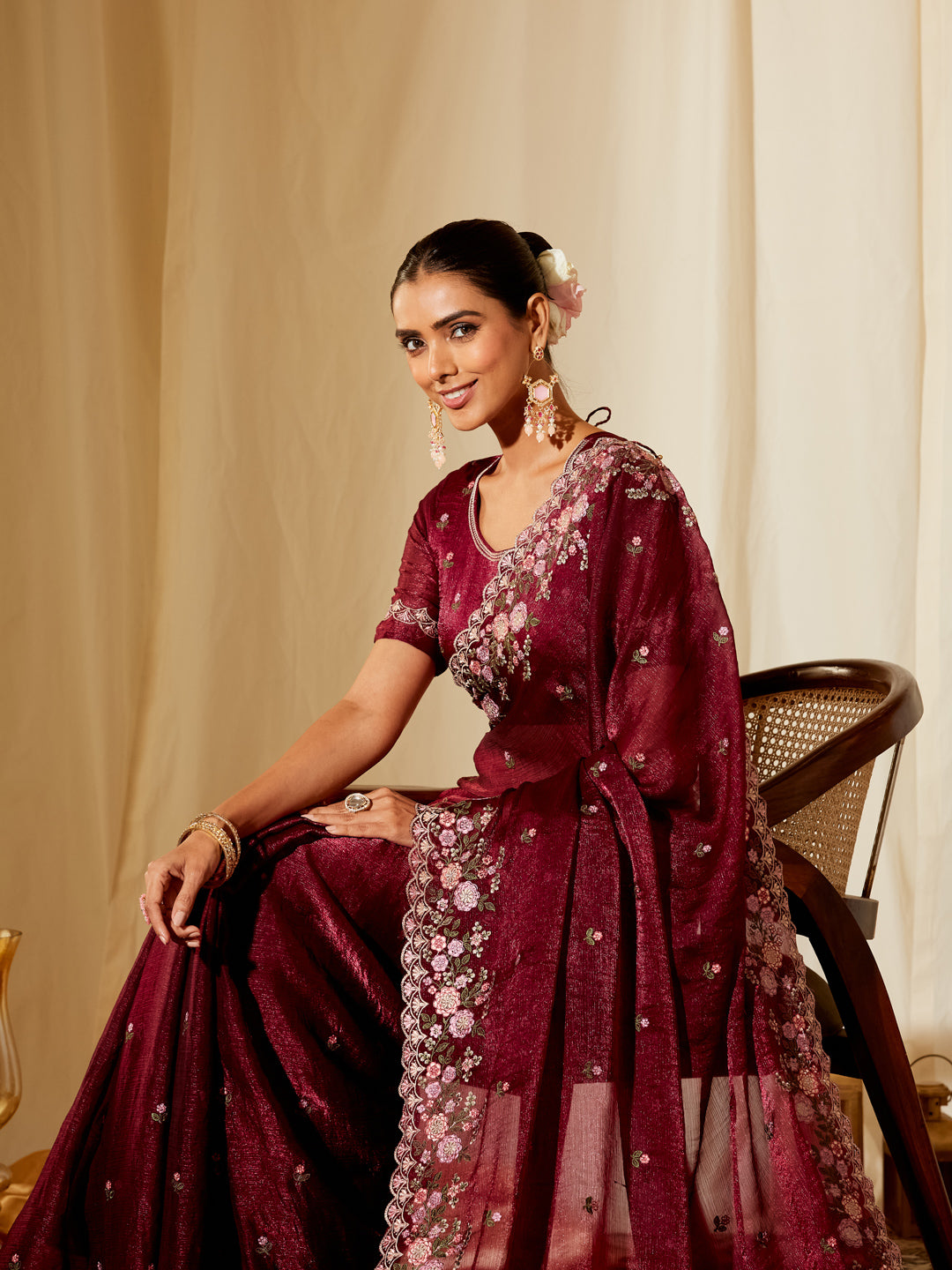 Kasee Women's Wine Chiffon Silk Blend Saree with Pink Floral Embroidery