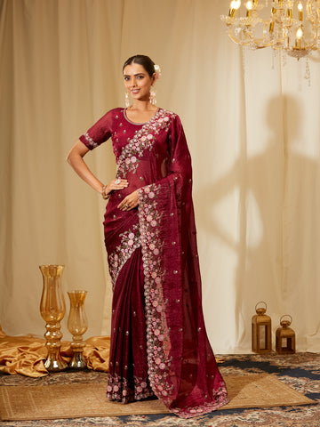 Kasee Women's Wine Chiffon Silk Blend Saree with Pink Floral Embroidery