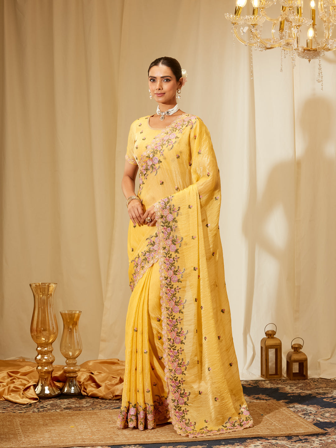 Kasee Women's Sunshine Yellow Chiffon Silk Blend Saree with Pink Floral Embroidery