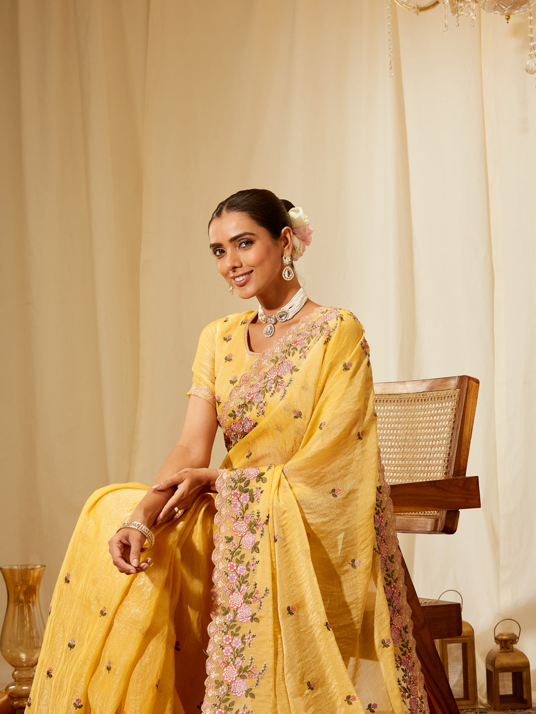 Kasee Women's Sunshine Yellow Chiffon Silk Blend Saree with Pink Floral Embroidery