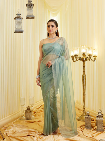 KASEE Women's Stone and Beads Embroidered Shimmer Net Saree