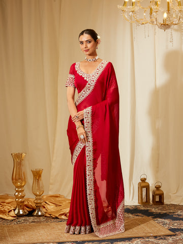 Kasee Women's Red Silk Blend Saree with Heavy Embroidered Border