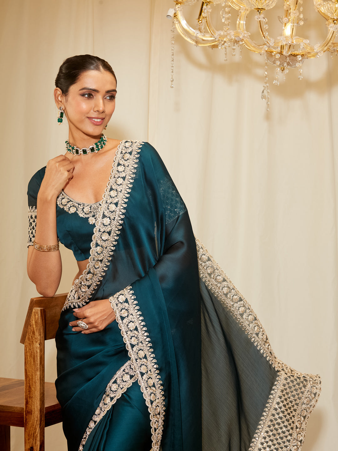 Kasee Women's Peacock Blue Silk Blend Saree with Heavy Embroidered Border