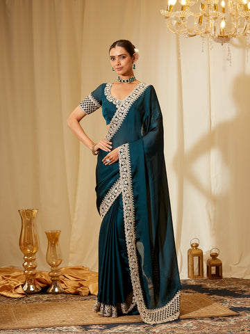 Kasee Women's Peacock Blue Silk Blend Saree with Heavy Embroidered Border