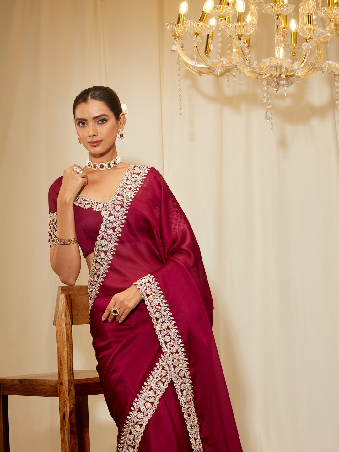 Kasee Women's Wine Silk Blend Saree with Heavy Embroidered Border