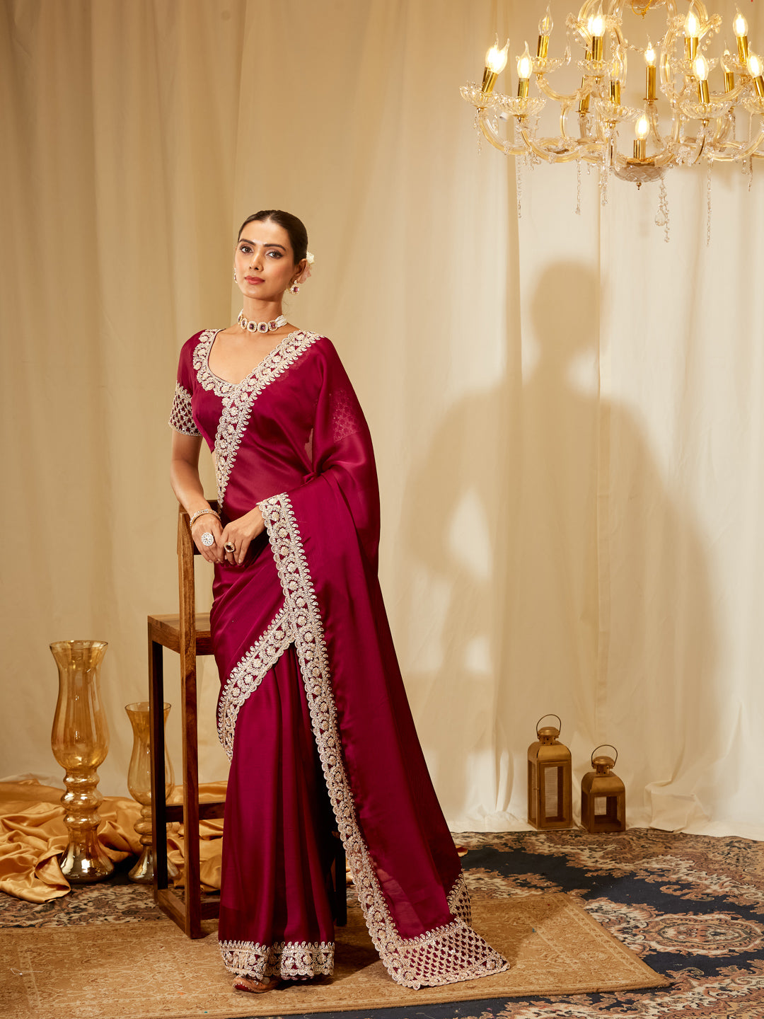 Kasee Women's Wine Silk Blend Saree with Heavy Embroidered Border