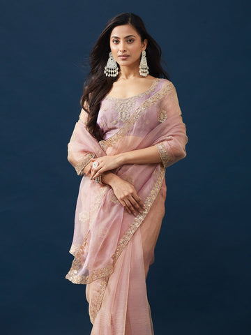 KASEE Women's Blush Pink Silk Saree with Zari Buta and Embroidered Border