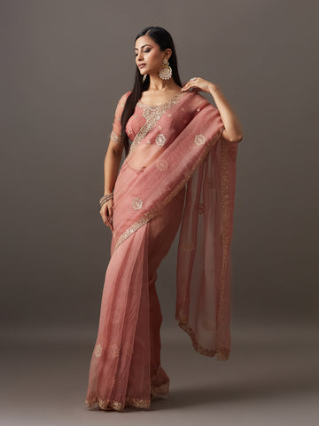 KASEE Women's Peach Silk Saree with Zari Buta and Embroidered Border