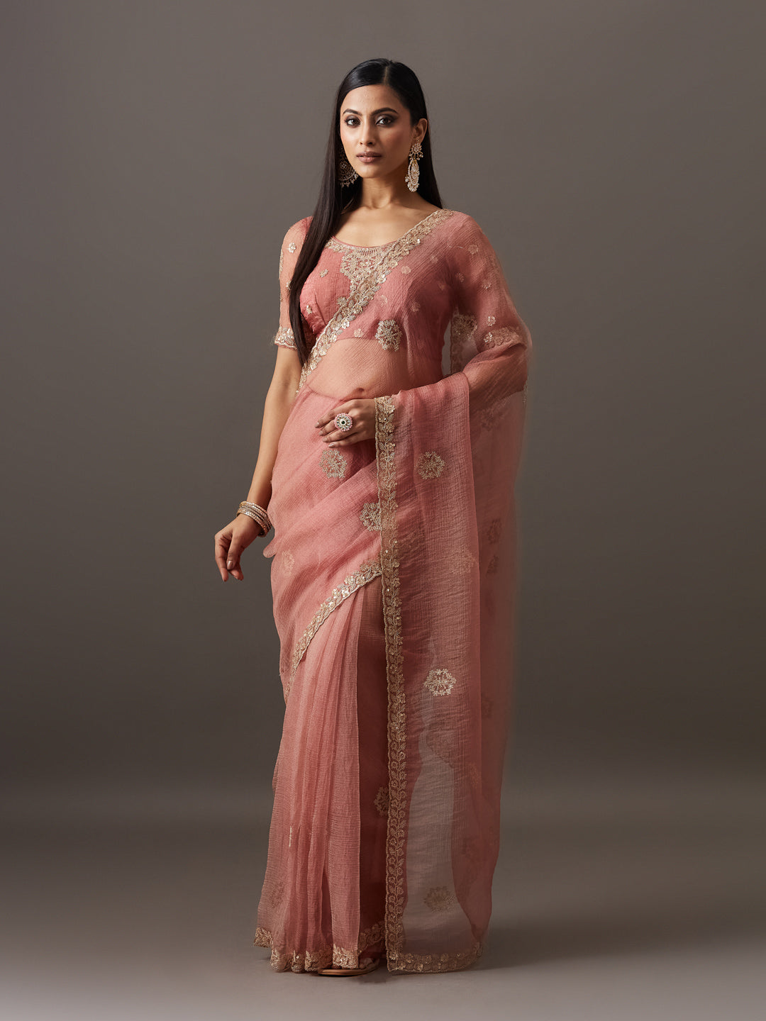 KASEE Women's Peach Silk Saree with Zari Buta and Embroidered Border