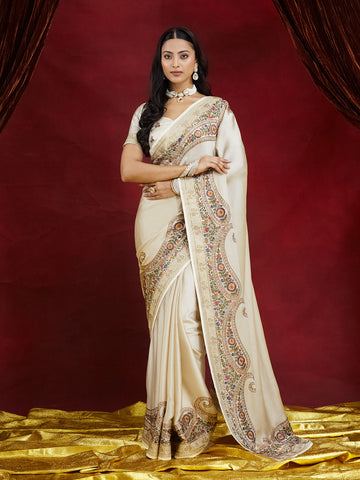 KASEE Women Cream Chiffon Saree with Multicolor Floral Embroidery and Ornate Paisley Border