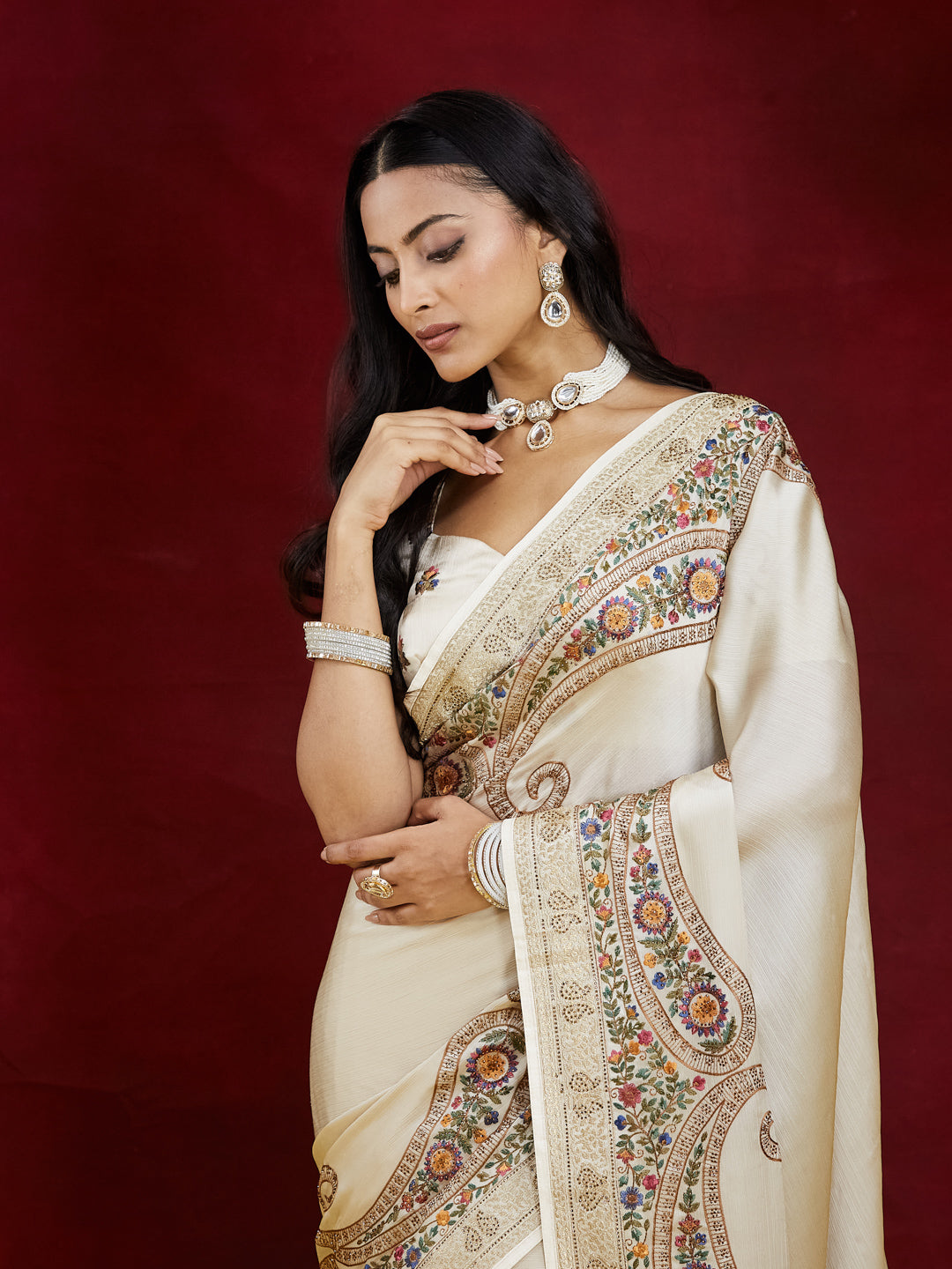 KASEE Women Cream Chiffon Saree with Multicolor Floral Embroidery and Ornate Paisley Border