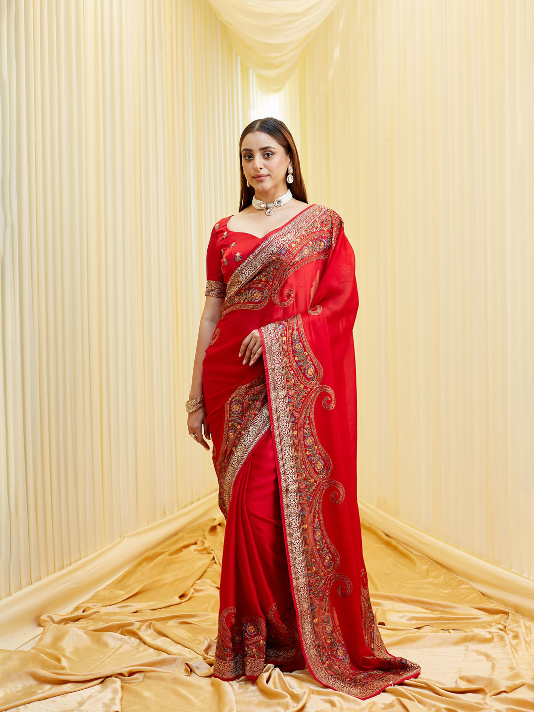 KASEE Women Maroon Chiffon Saree with Multicolor Floral Embroidery and Ornate Paisley Border