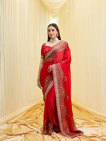 KASEE Women Maroon Chiffon Saree with Multicolor Floral Embroidery and Ornate Paisley Border