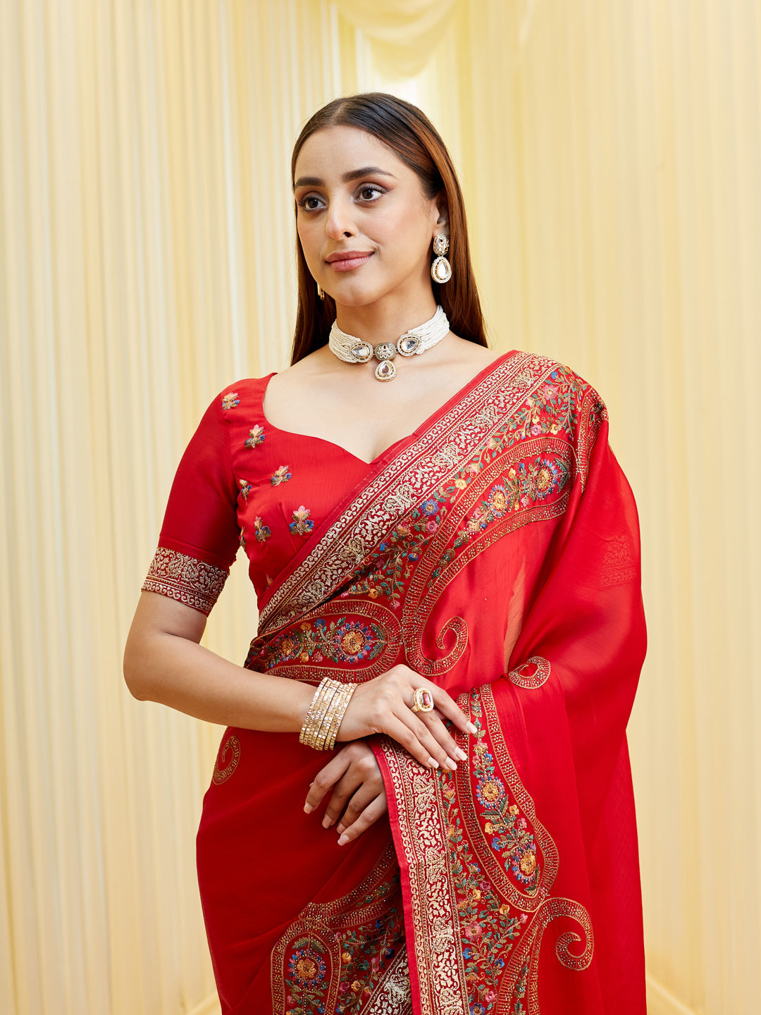 KASEE Women Maroon Chiffon Saree with Multicolor Floral Embroidery and Ornate Paisley Border