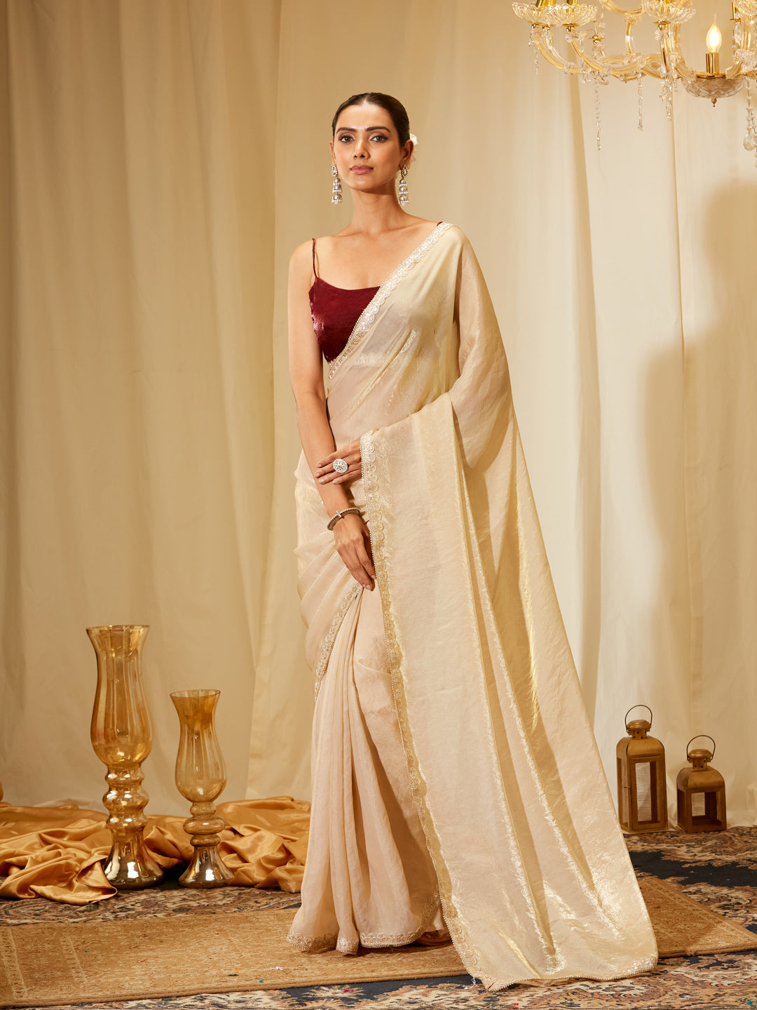 Kasee Women's Champagne Beige Silk Blend Saree with Sequin Embroidered Border