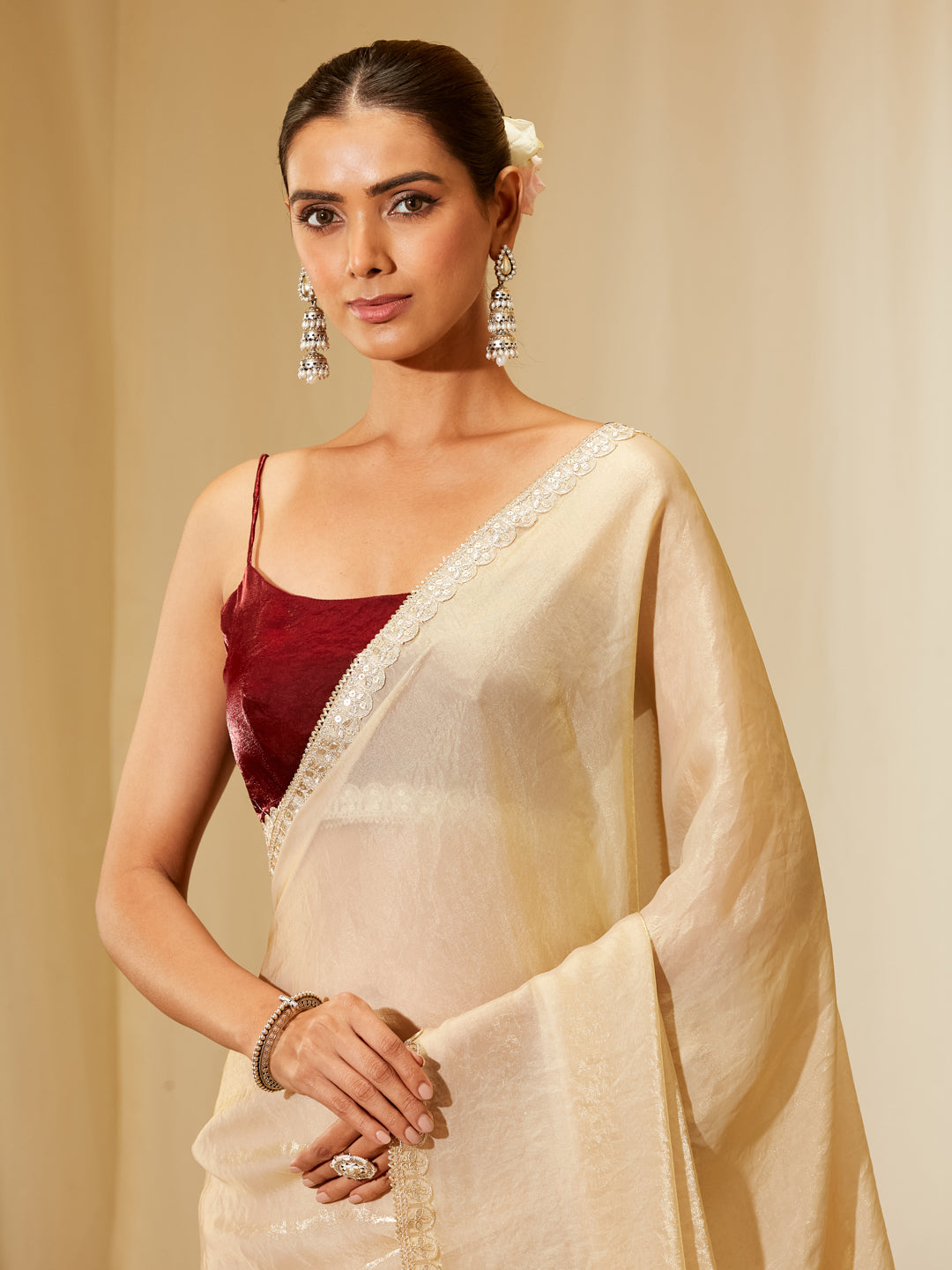 Kasee Women's Champagne Beige Silk Blend Saree with Sequin Embroidered Border