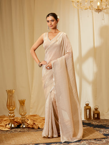 Kasee Women's Beige Silk Saree with Subtle Shine & Embroidered Border