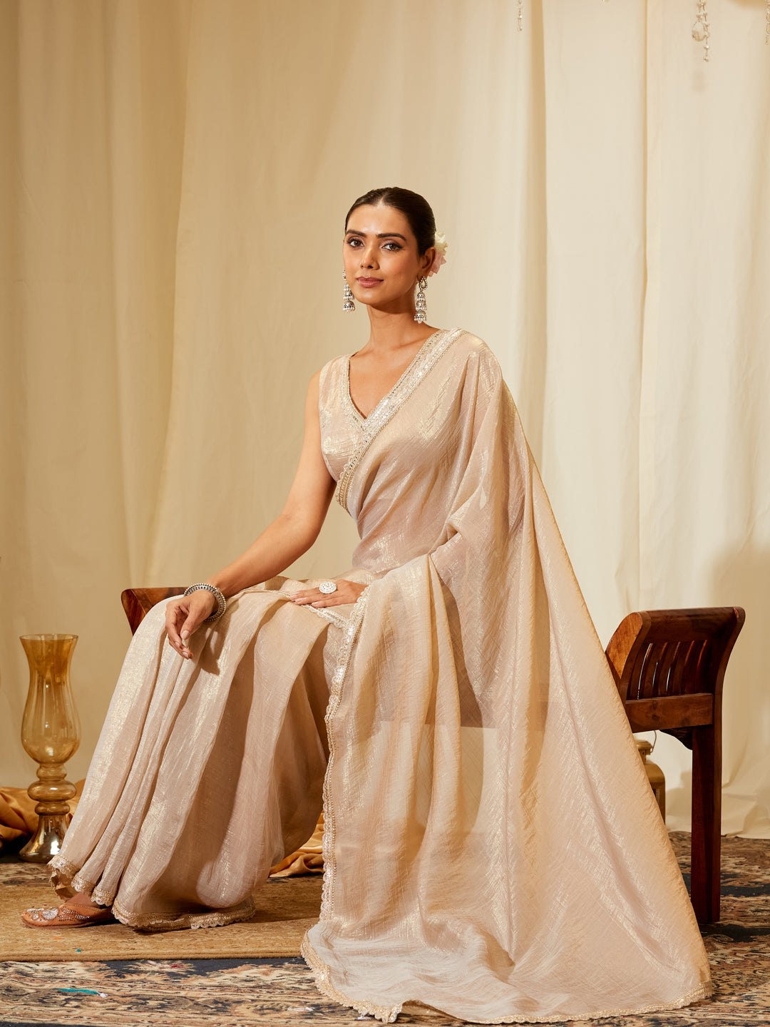 Kasee Women's Beige Silk Saree with Subtle Shine & Embroidered Border