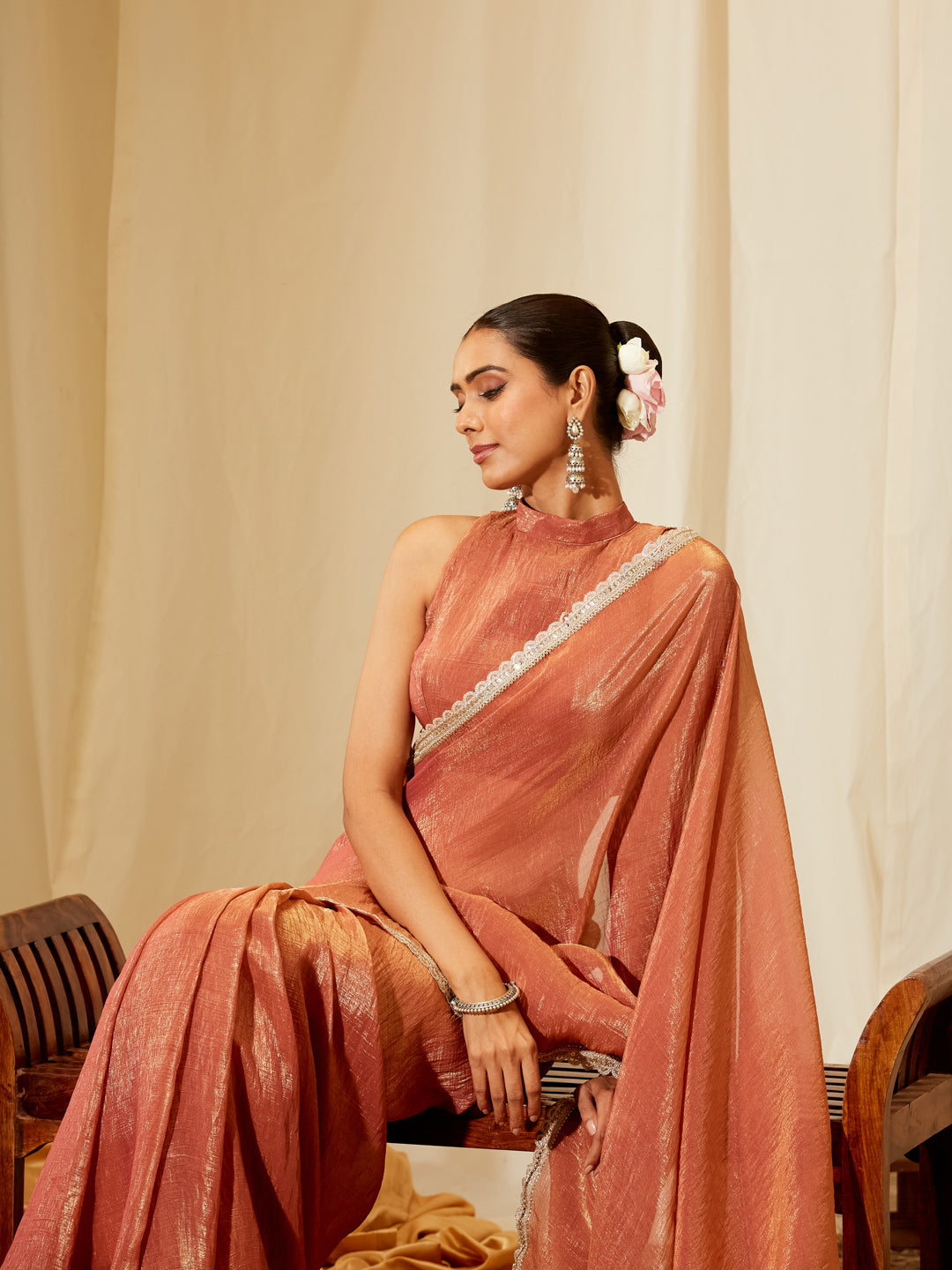 Kasee Women's Peach Silk Saree with Subtle Shine & Embroidered Border