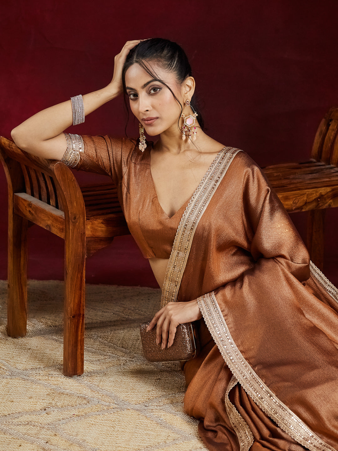 KASEE Women Rust Metallic Finish Chiffon Saree with Sequin Embroidered Border