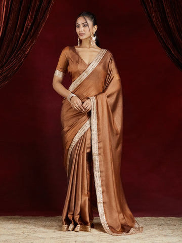 KASEE Women Rust Metallic Finish Chiffon Saree with Sequin Embroidered Border