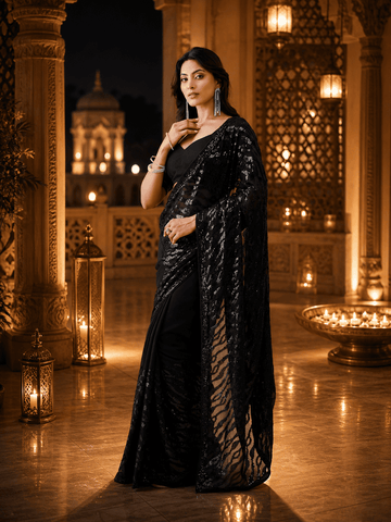 KASEE Women's Black Sequin Poly Georgette Saree with All-Over Shimmer and Designer Drape