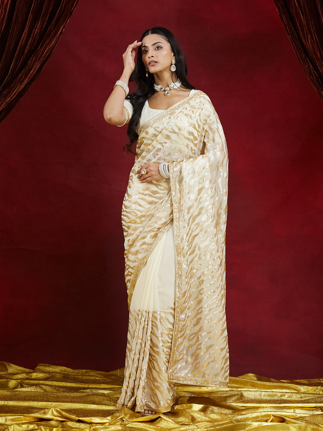 KASEE Women Cream Saree with Gold Foil Zebra Pattern in Pure Georgette