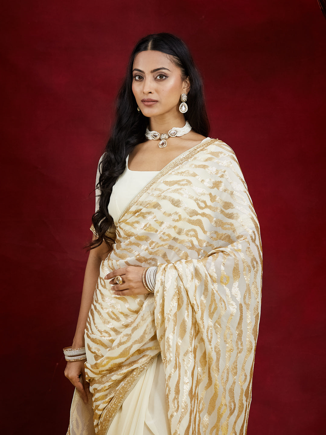 KASEE Women Cream Saree with Gold Foil Zebra Pattern in Pure Georgette