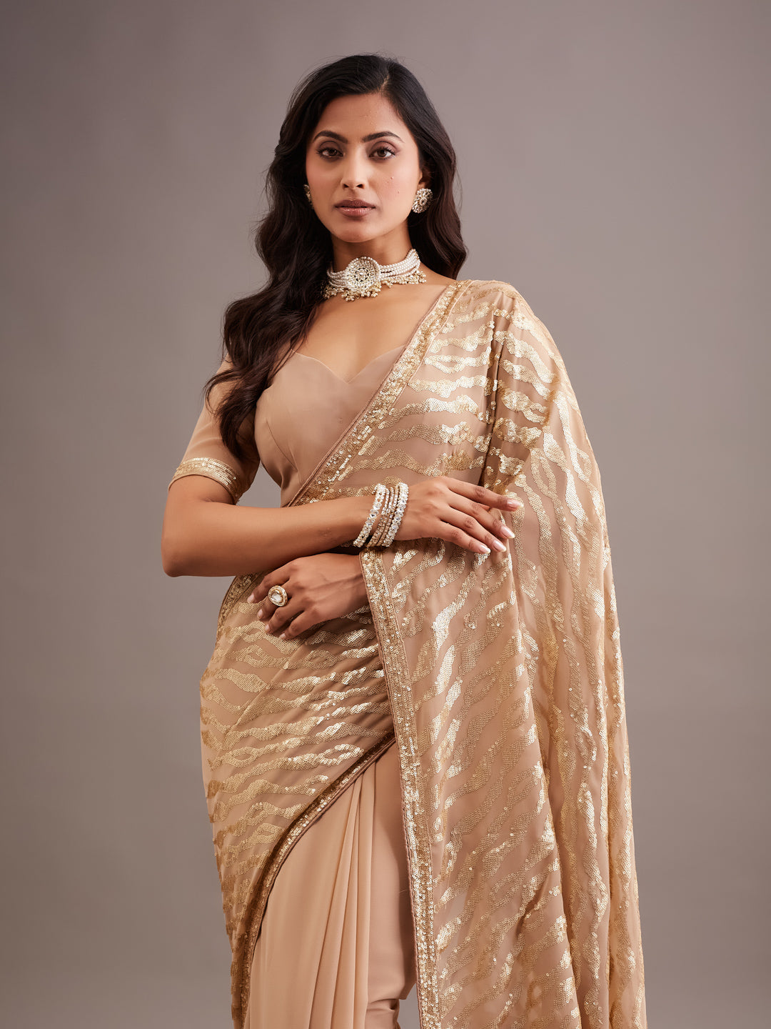 KASEE Women's gold Sequin Poly Georgette Saree with All-Over Shimmer and Designer Drape
