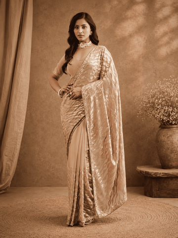 KASEE Women's gold Sequin Poly Georgette Saree with All-Over Shimmer and Designer Drape
