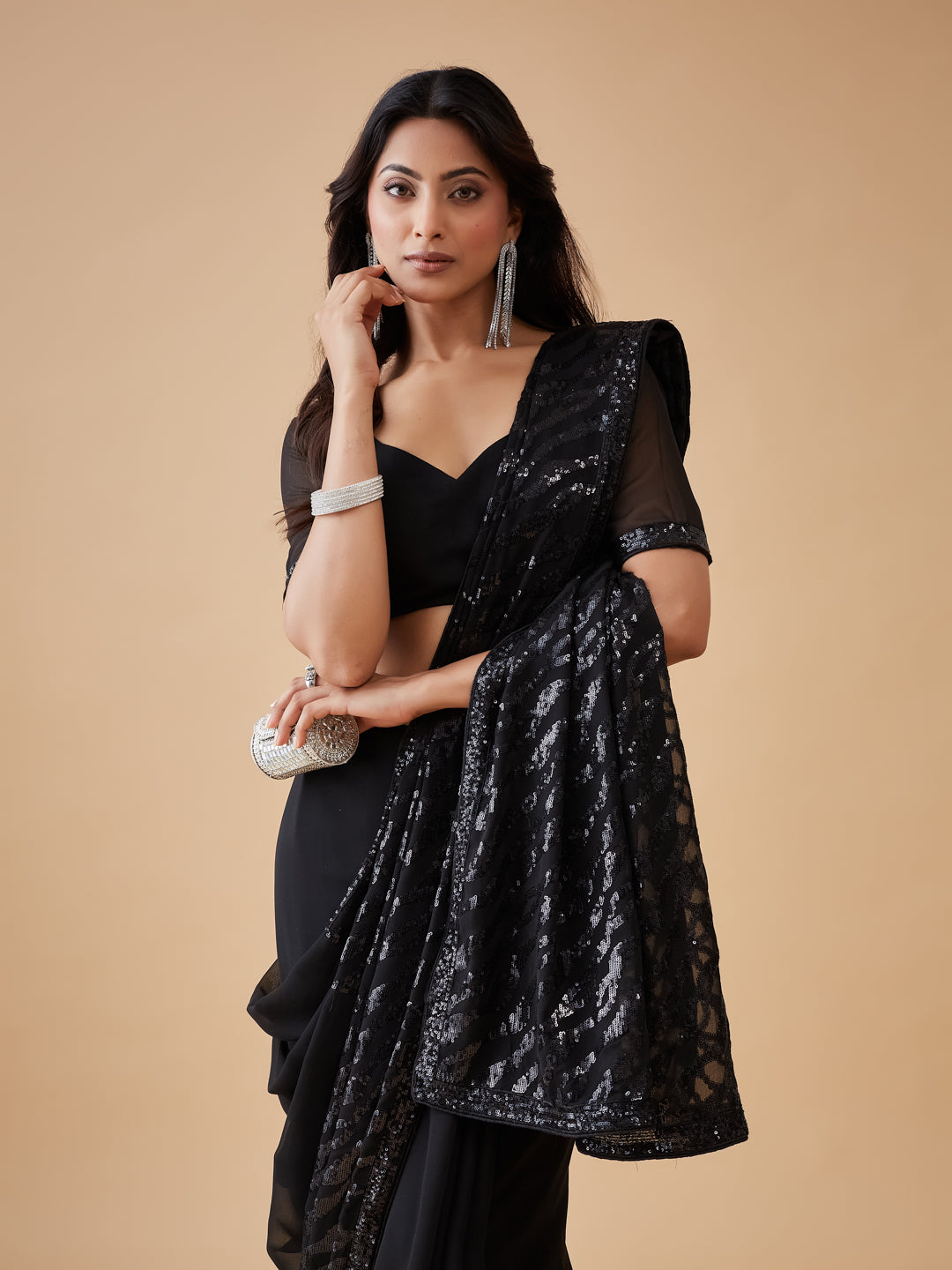 KASEE Women's Black Sequin Poly Georgette Saree with All-Over Shimmer and Designer Drape