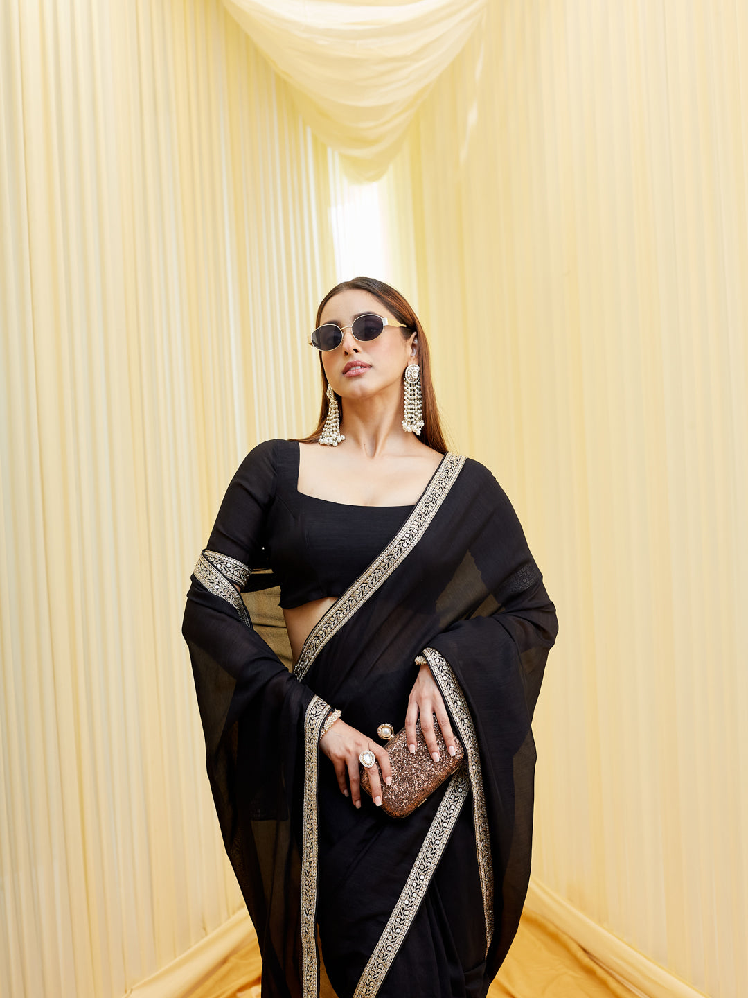 KASEE Women Black Saree in Silk Cotton with Zari Embroidered Border