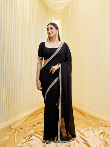 KASEE Women Black Saree in Silk Cotton with Zari Embroidered Border