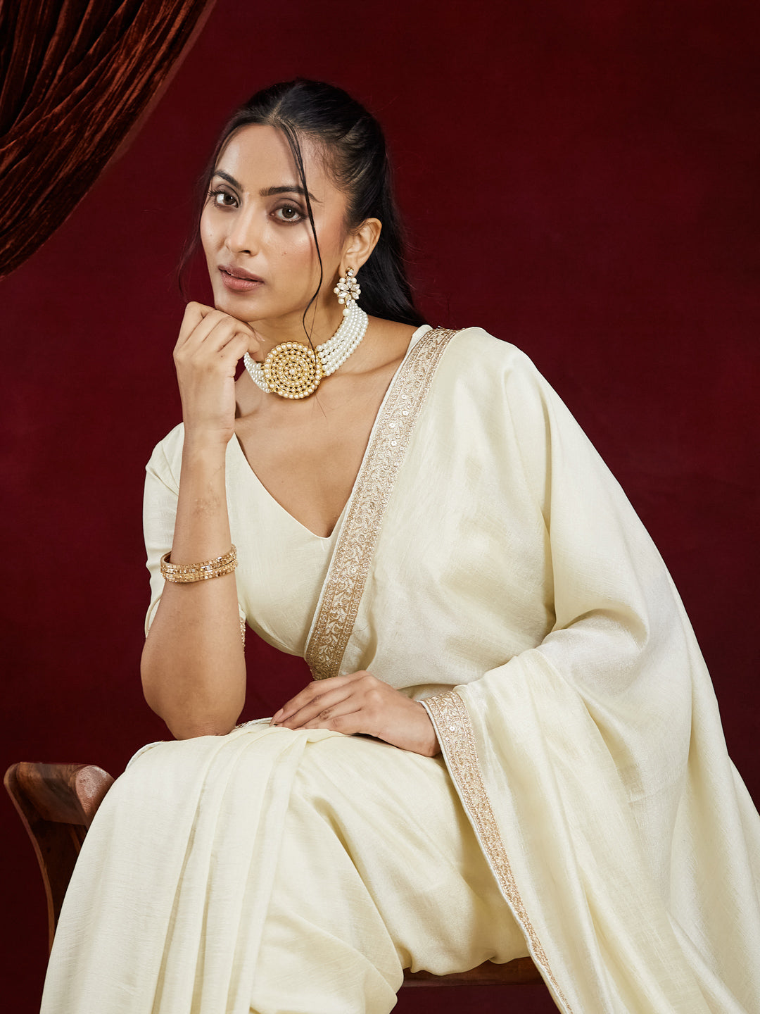 KASEE Women Cream Saree in Silk Cotton with Zari Embroidered Border