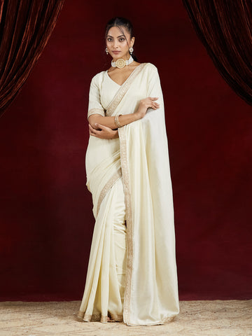KASEE Women Cream Saree in Silk Cotton with Zari Embroidered Border