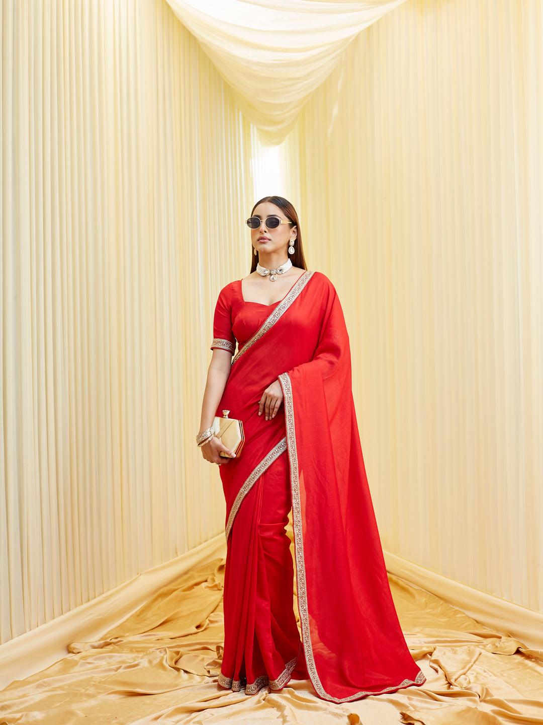 KASEE Women Red Saree in Silk Cotton with Zari Embroidered Border