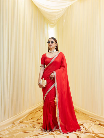 KASEE Women Red Saree in Silk Cotton with Zari Embroidered Border