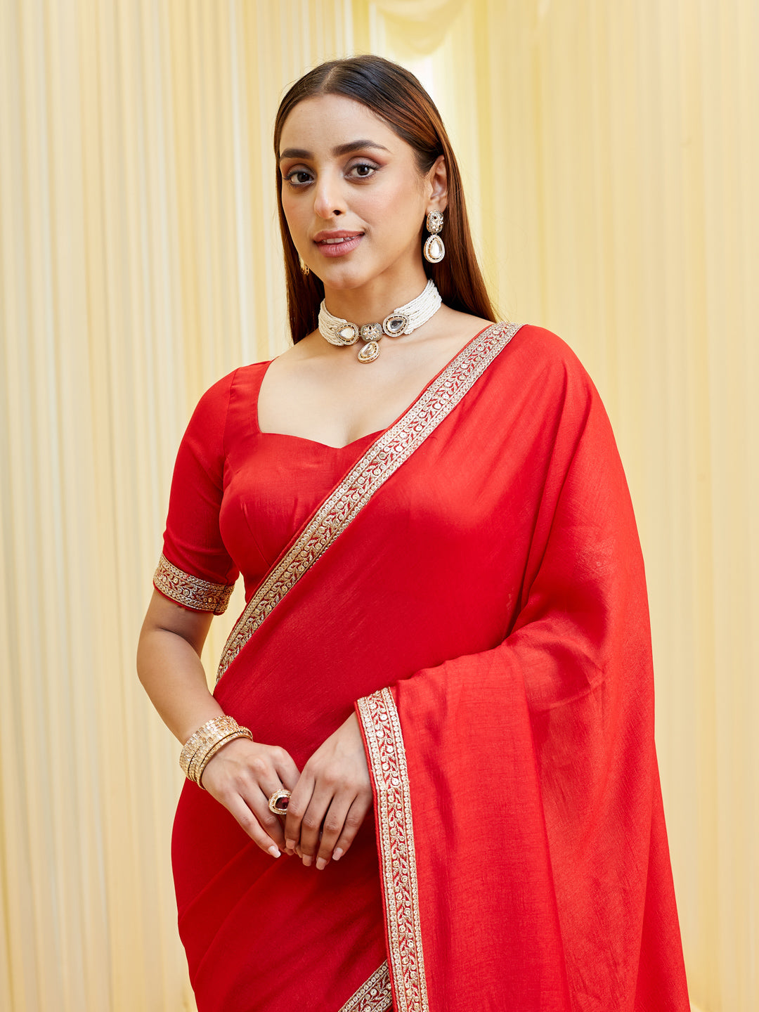 KASEE Women Red Saree in Silk Cotton with Zari Embroidered Border